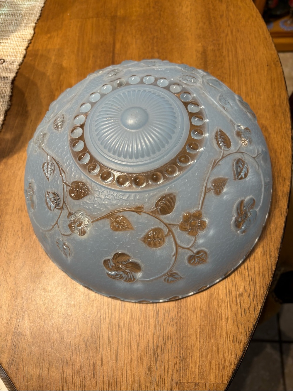 Vintage swag blue ceiling light shade. Art Deco blue with clear flowers and leav